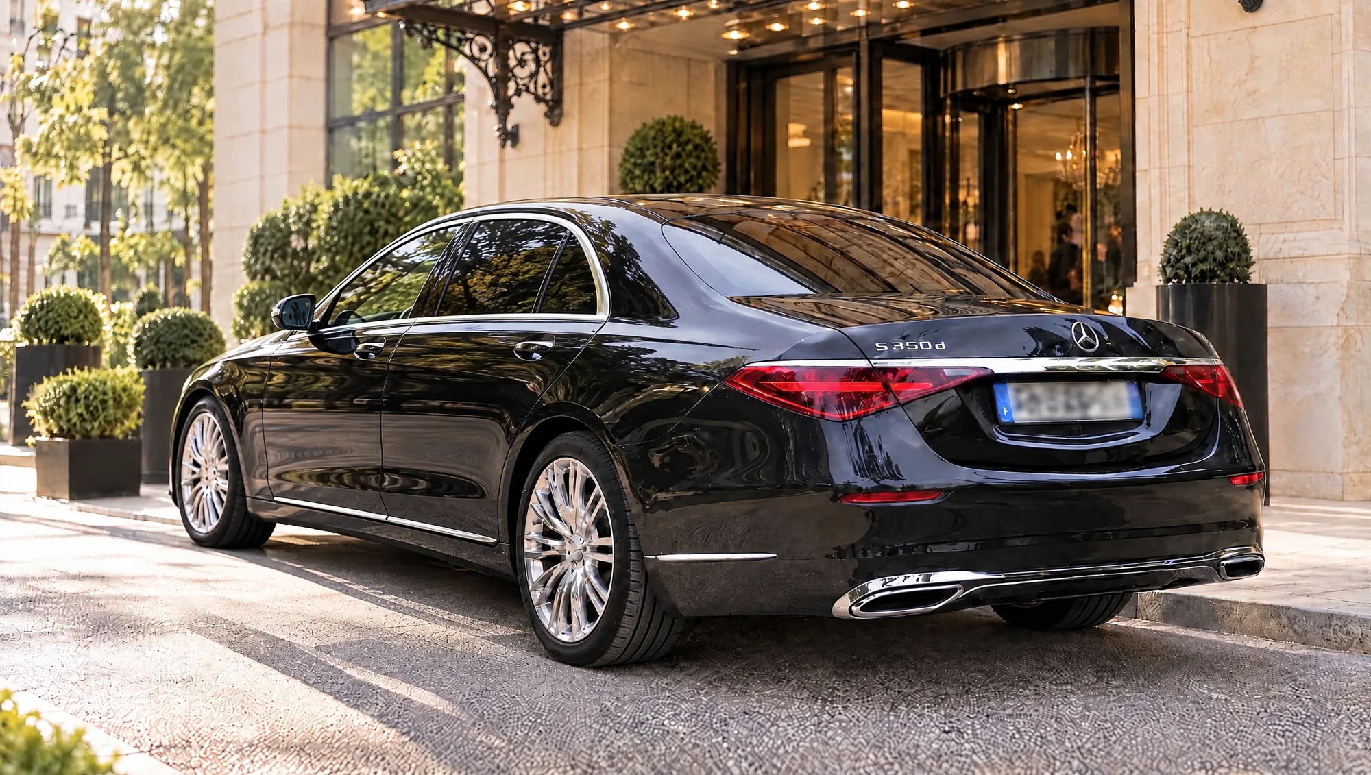 Chauffeur privé à Marseille en mise à disposition : Mercedes Classe S noire garée devant l’entrée d’un hôtel de luxe