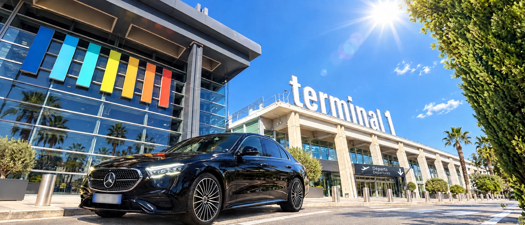 Berline Mercedes noire de chauffeur privé devant le terminal 1 de l’aéroport Marseille-Provence