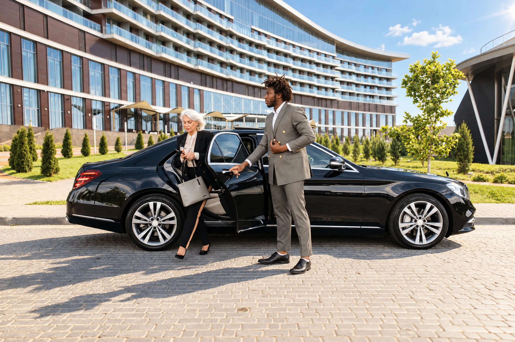 Chauffeur privé en costume ouvrant la portière d’une berline Mercedes noire à une femme d’affaires devant un hôtel