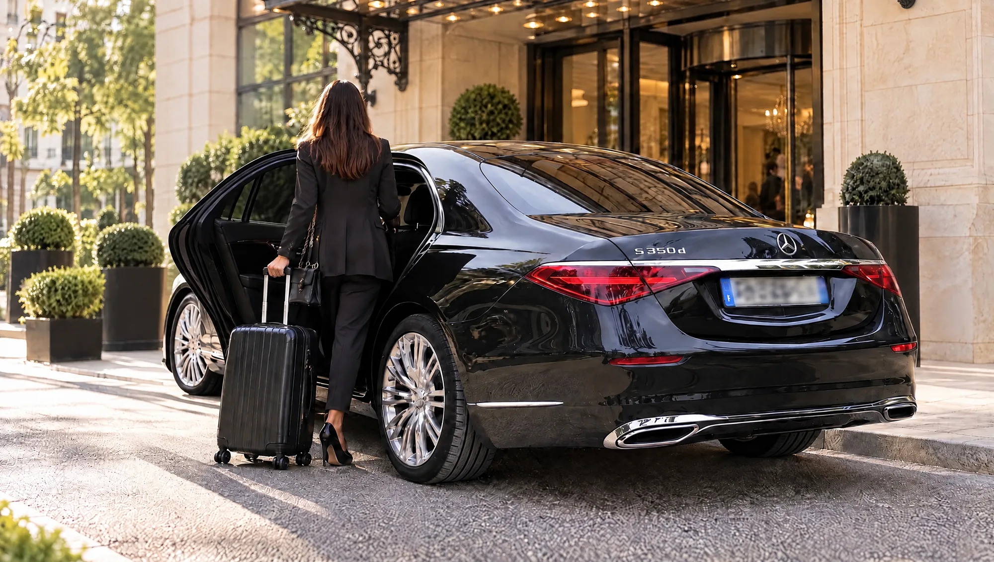 Femme d’affaires avec une valise montant dans une Mercedes Classe S noire devant un hôtel de luxe, chauffeur privé en mise à disposition