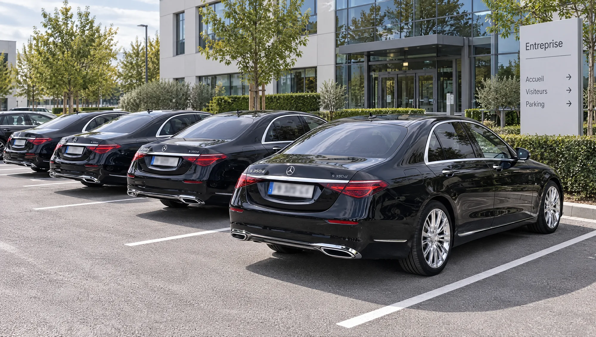 Flotte de Mercedes Classe S noires garées devant le siège d’une entreprise, chauffeur privé pour les professionnels